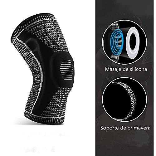 Rodilleras Deportiva -2 Pcs-Rodilleras de Compresión con Absorción de Impactos de Silicona y Soporte de Resorte,Rodilleras de Próoteccin para Montañismo/Carrera/Baloncesto/Ciclismo (Negro)