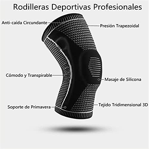 Rodilleras Deportiva -2 Pcs-Rodilleras de Compresión con Absorción de Impactos de Silicona y Soporte de Resorte,Rodilleras de Próoteccin para Montañismo/Carrera/Baloncesto/Ciclismo (Negro)