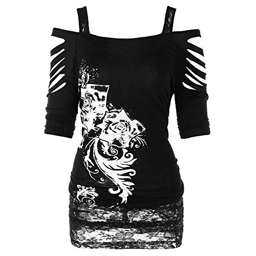 Ropa gótica para mujer, parte superior sexy, hombros descubiertos, falda, estampado de espaguetis, camiseta de manga corta, Negro , M