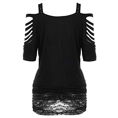 Ropa gótica para mujer, parte superior sexy, hombros descubiertos, falda, estampado de espaguetis, camiseta de manga corta, Negro , M