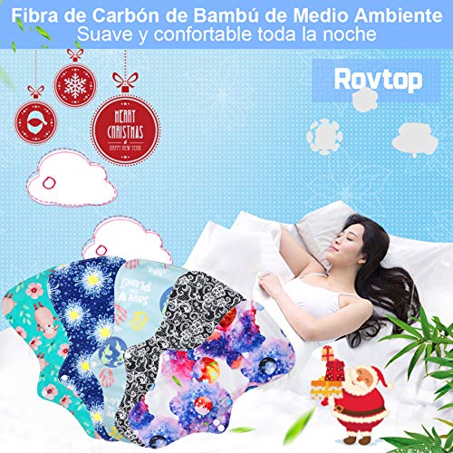 Rovtop 5PCS 35 cm Reutilizables de Carbón de Bambú para Noche - Almohadilla Menstrual Reutilizable Compresa Super Larga para el Cuidado Nocturno, Deportivo y Posparto + 1 Bolsa de Transporte Mini