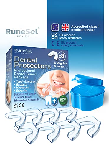 Runesol Ferula dental para bruxismo| 100% libre de BPA | Tecnología de fácil moldeado | Paquete de seis protectores dentales en tres tamaños | Protector dental para evitar el rechinamiento (8pk R/G)