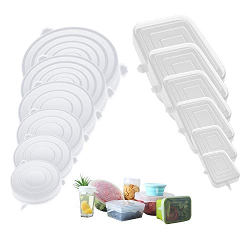 RYHX 12 PCS Tapas EláSticas De Silicona, Tapas de Silicona Reutilizables Bpa Free Tapas Silicona Ajustables Cocina Cuadradas y Redondas para Cuencos, Tazas, Vasos, Latas, Tazas