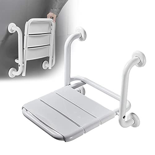 RYUNQ Asiento de Ducha Plegable para baño, Silla de Ducha con apoyabrazos Montado en la Pared, Asiento de Pared de Ducha para Ancianos, Minusválido, Mujer Embarazada, Carga Máxima 150 KG, Blanco