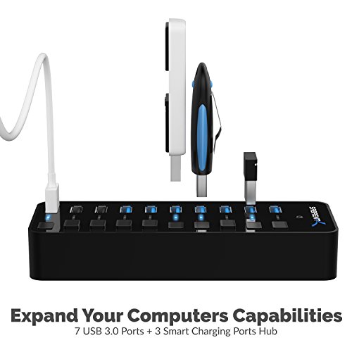 Sabrent 60W 7 Puertos USB 3.0 Hub + 3 Puertos de Carga Inteligente con interruptores de alimentación Individuales y Leds Incluye Adaptador de alimentación de 60W 12V / 5A (HB-B7C3)