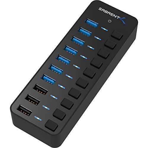 Sabrent 60W 7 Puertos USB 3.0 Hub + 3 Puertos de Carga Inteligente con interruptores de alimentación Individuales y Leds Incluye Adaptador de alimentación de 60W 12V / 5A (HB-B7C3)