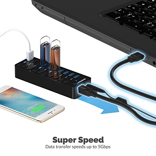 Sabrent 60W 7 Puertos USB 3.0 Hub + 3 Puertos de Carga Inteligente con interruptores de alimentación Individuales y Leds Incluye Adaptador de alimentación de 60W 12V / 5A (HB-B7C3)