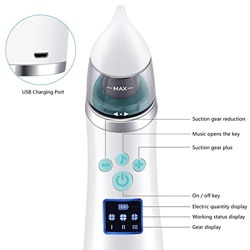 Sacamocos bebe，Aspirador nasal bebes，Pantalla LED de carga USB con 3 niveles de succión, 4 tamaños de cabezal de silicona, aspirador nasal neonatal portátil