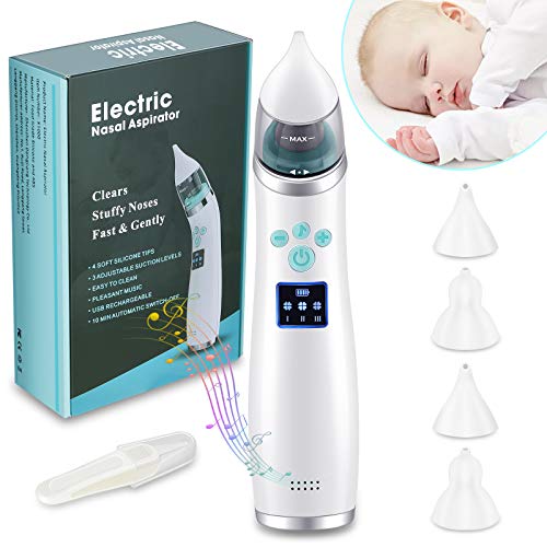 Sacamocos bebe，Aspirador nasal bebes，Pantalla LED de carga USB con 3 niveles de succión, 4 tamaños de cabezal de silicona, aspirador nasal neonatal portátil