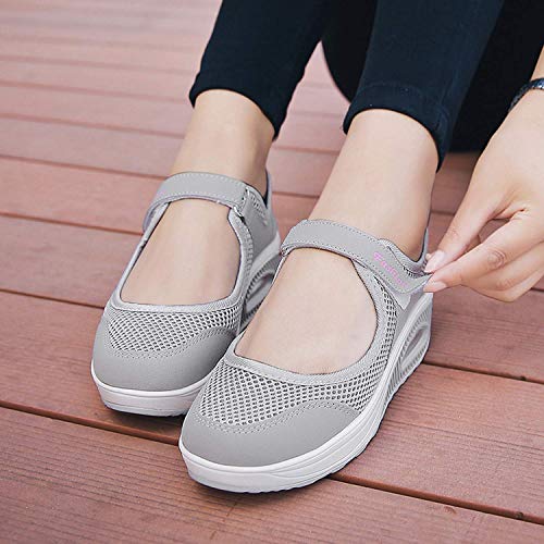 Sandalias para Mujer Malla Merceditas Plataforma Ligero Zapatillas Sneaker Mary Jane Casual Zapatos de Deporte Mocasines Negros Verano EU39 A-Gris-2