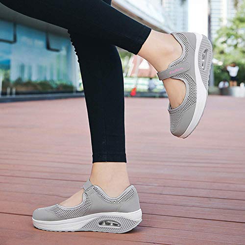 Sandalias para Mujer Malla Merceditas Plataforma Ligero Zapatillas Sneaker Mary Jane Casual Zapatos de Deporte Mocasines Negros Verano EU39 A-Gris-2