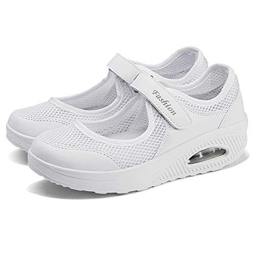 Sandalias para Mujer Malla Merceditas Plataforma Ligero Zapatillas Sneaker Mary Jane Casual Zapatos de Deporte Mocasines Negros Verano EU40 A-Blanco-2