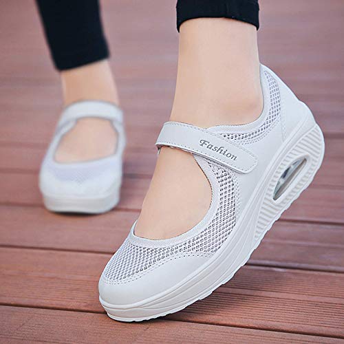 Sandalias para Mujer Malla Merceditas Plataforma Ligero Zapatillas Sneaker Mary Jane Casual Zapatos de Deporte Mocasines Negros Verano EU40 A-Blanco-2