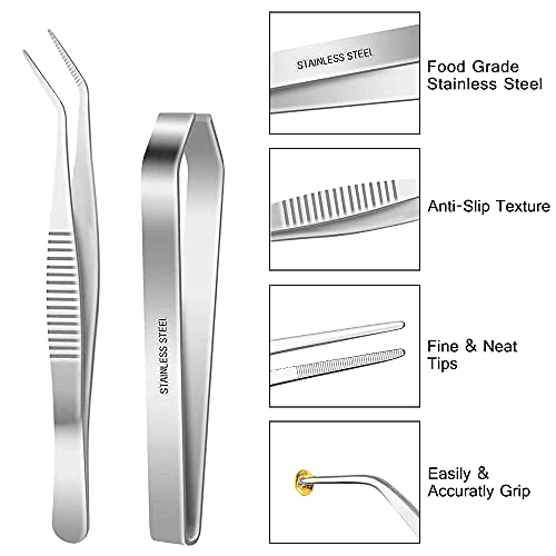 SelfTek Pinzas de acero inoxidable Pinzas 3 piezas Pinzas de 6.3 pulgadas, pinzas de hueso planas e inclinadas de 4.7 pulgadas Pinzas para utensilios de cocina Chef, puntas dentadas de precisión