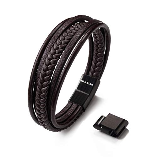 SERASAR 17cm Marrón Pulsera de Cuero Hombre Chico Pulseras Hombres Brazalete Brazaletes Pulso Muñequera Muñequeras Bisuteria Bisutería Joyeria Nudos Cuerda Cuerdas Bracelet Men Jewellery Unisex Ancha