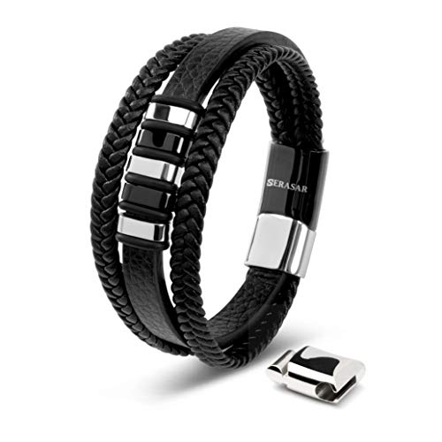 SERASAR Pulsera España Hombre Plata 17cm Pulsera de Cuero Hombre Plateado Chico Pulseras Hombres Brazalete Pulso Muñequera Bisuteria Bisutería Joyeria Nudos Cuerda Cuerdas Bracelet Jewellery Ancha