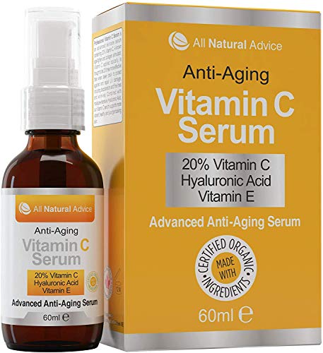 Sérum 20% Vitamina C • Orgánico • 60 ml • Vitamina E • Ácido Hialurónico • Todo Tipo de Pieles • Anti-edad arrugas manchas • Utilizar con Derma Roller • Para Hombres y Mujeres