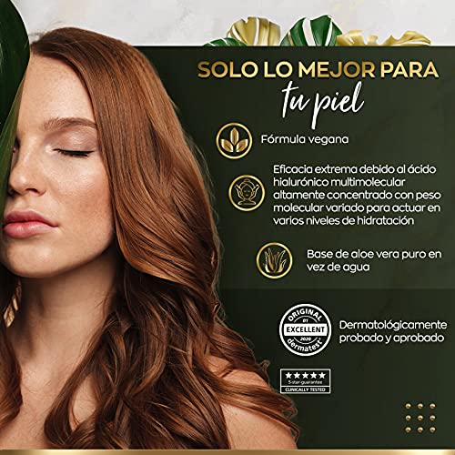 Serum Facial de Acido Hialuronico Puro orgánico - 100ml - Altamente Dosificado y Vegano con Aloe Vera – Uso con Crema Antiarrugas Mujer - Contorno Ojos