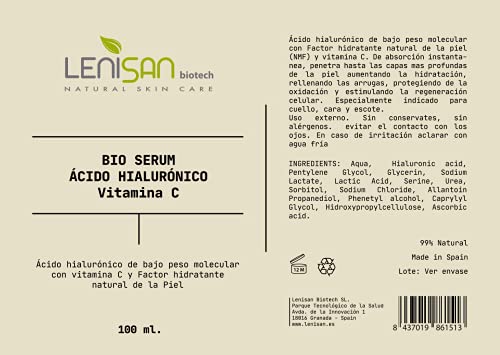 Serum facial de ácido hialurónico puro y vitamina C (100 ml). 100% natural. Efecto antiarrugas instantáneo y duradero para cara, contorno de ojos, cuello y escote.