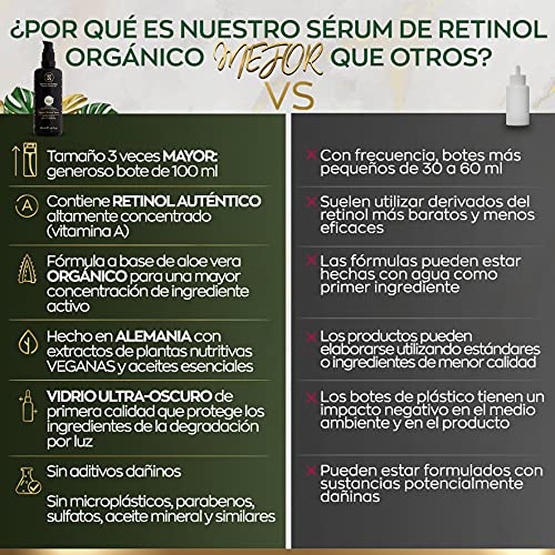 Serum Facial de Retinol ORGÁNICO y Vegano - 100ml - Sistema 3-Retinol de Liberación Sostenida con un Complejo de 25% de Vitamina C, Acido Hialuronico, Aloe vera –Hecho en Alemania