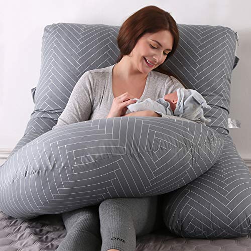 SHANNA Almohada de Embarazo,Almohada de Apoyo para Maternidad, Almohada de Cuerpo Completo, Apoyo Mejorado en Forma de G para Espalda,Caderas,piernas,Vientre Mujeres Embarazadas (Gris Rayado)