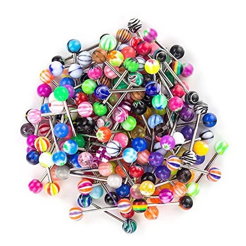 SHINEstyle - Set 100 piercings para la lengua, 14 g, diferentes colores y diseños