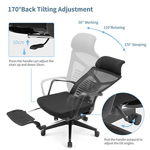 SIHOO Silla de Oficina Ergonómica, Silla de Escritorio reclinable con Soporte Lumbar Ajustable y reposabrazos articulados, Silla de Malla con Respaldo Alto y reposapiés, Carga máxima 150 kg (Negro)