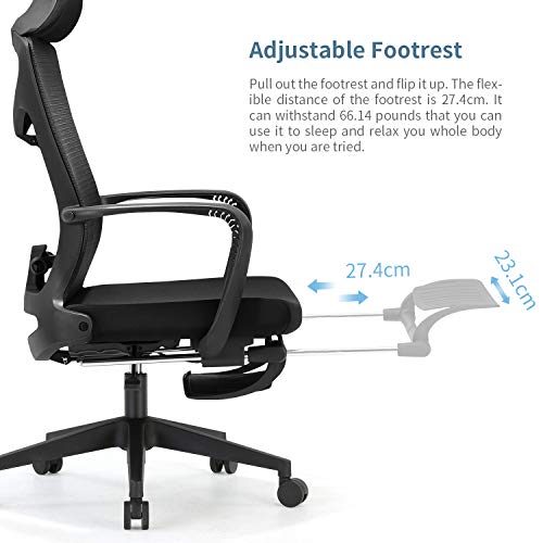 SIHOO Silla de Oficina Ergonómica, Silla de Escritorio reclinable con Soporte Lumbar Ajustable y reposabrazos articulados, Silla de Malla con Respaldo Alto y reposapiés, Carga máxima 150 kg (Negro)