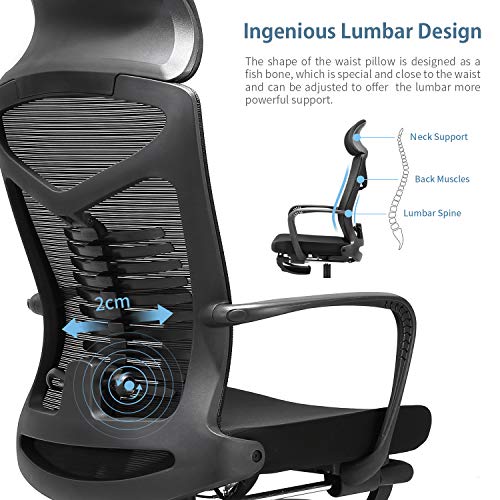 SIHOO Silla de Oficina Ergonómica, Silla de Escritorio reclinable con Soporte Lumbar Ajustable y reposabrazos articulados, Silla de Malla con Respaldo Alto y reposapiés, Carga máxima 150 kg (Negro)