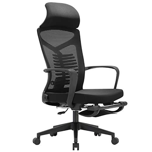 SIHOO Silla de Oficina Ergonómica, Silla de Escritorio reclinable con Soporte Lumbar Ajustable y reposabrazos articulados, Silla de Malla con Respaldo Alto y reposapiés, Carga máxima 150 kg (Negro)