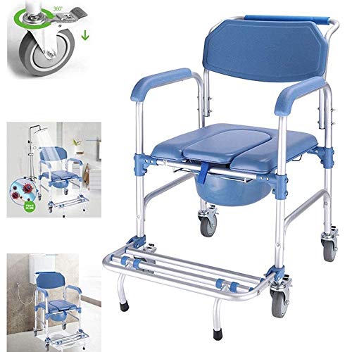 Silla con WC, Silla Cómoda con Inodoro 4 En 1 / con Silla De Inodoro con Ruedas/Silla De Transporte para Ducha con Silla De Ruedas / 4 Frenos De Rueda (360 °) / Inodoro Móvil Plegable para Personas