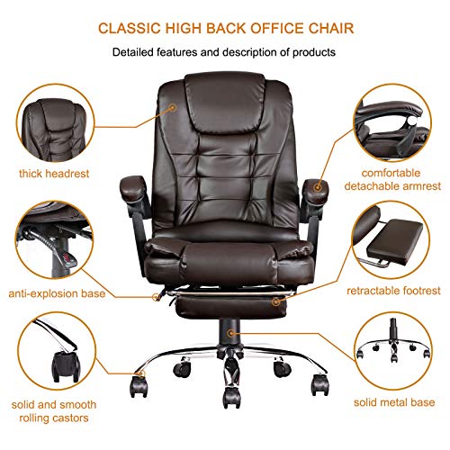 Silla de oficina de lujo de cuero, silla de ergonomía ejecutiva, silla reclinable de negocios grande y alto, respaldo alto con cojín suave giratorio de 360 grados (café)