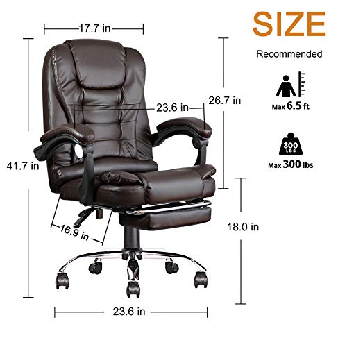 Silla de oficina de lujo de cuero, silla de ergonomía ejecutiva, silla reclinable de negocios grande y alto, respaldo alto con cojín suave giratorio de 360 grados (café)