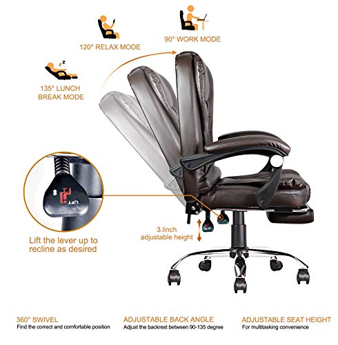 Silla de oficina de lujo de cuero, silla de ergonomía ejecutiva, silla reclinable de negocios grande y alto, respaldo alto con cojín suave giratorio de 360 grados (café)