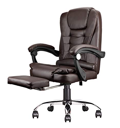 Silla de oficina de lujo de cuero, silla de ergonomía ejecutiva, silla reclinable de negocios grande y alto, respaldo alto con cojín suave giratorio de 360 grados (café)