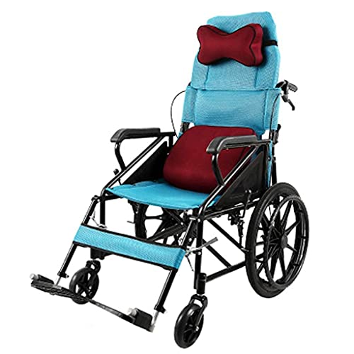 Silla de Ruedas Respaldo Alto Semi Reclinable Plegable Portátil Cómodo Autopropulsado Azul