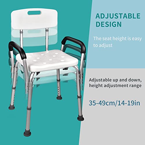 Silla Ducha Mayores, Silla de Ducha Altura Regulable con Respaldoy Apoyabrazos aguanta hasta 125 Kg, Asiento para Ducha Regulable en Altura, Silla Baño Ancianos Antideslizante WC