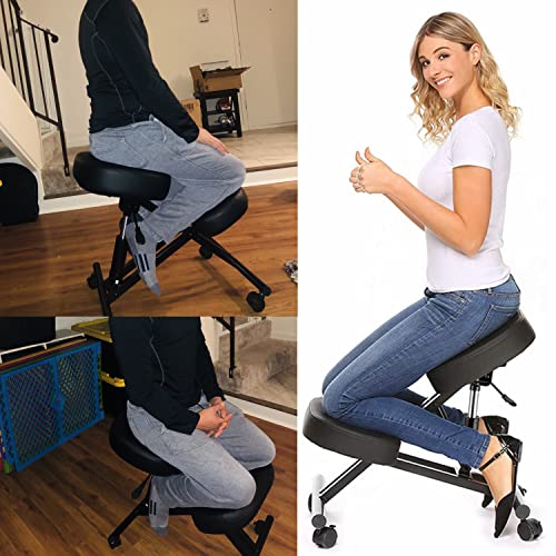 Silla Ergonómica para Rodillas, Silla Ergonomica De Rodillas, Sillas De Oficina con El Respaldo Ajustable, Multifuncional Taburete para La Rodilla, Negro (con Varilla hidráulica)