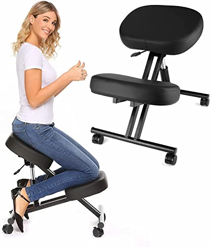 Silla Ergonómica para Rodillas, Silla Ergonomica De Rodillas, Sillas De Oficina con El Respaldo Ajustable, Multifuncional Taburete para La Rodilla, Negro (con Varilla hidráulica)