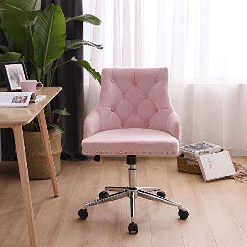 Silla Escritorio Rosa Niña Ergnonmica Terciopelo Silla Oficina sin Brazos Giratoria Altura Ajustable Silla Estudio Silla Ordenador Silla Tocador Maquillaje Silla por Manicura Salón de Belleza