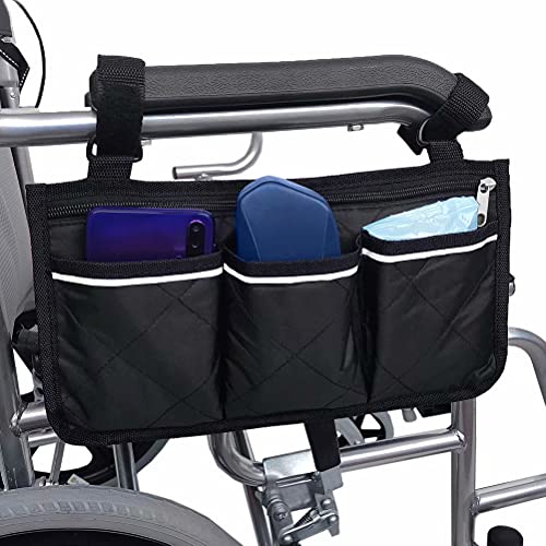 SINBLUE Bolsa para silla de ruedas con reposabrazos negro, bolsa lateral para silla de ruedas eléctrica, bolsa para silla de ruedas Oxford, resistente al agua, pequeña (32,5 x 18 cm)