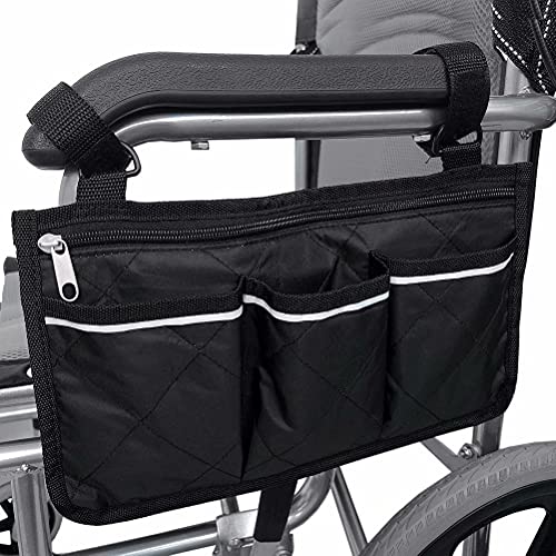 SINBLUE Bolsa para silla de ruedas con reposabrazos negro, bolsa lateral para silla de ruedas eléctrica, bolsa para silla de ruedas Oxford, resistente al agua, pequeña (32,5 x 18 cm)