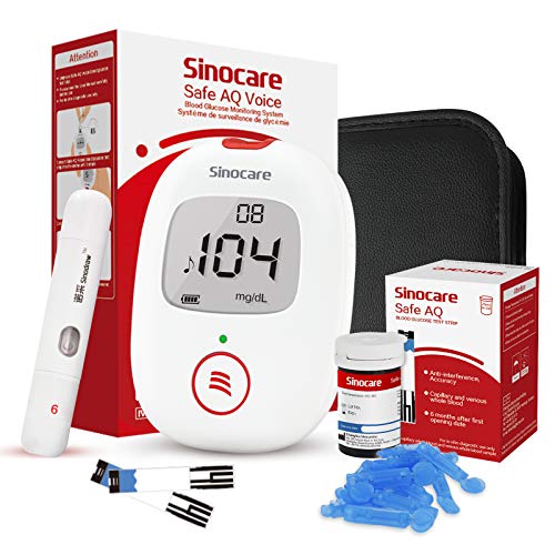 Sinocare Medidor de Glucosa en Sangre, Kit de Prueba de Glucosa en Sangre, 25 x Tiras de Prueba de Glucosa en Sangre y Dispositivo de Punción - mg/dL (Safe AQ Voice)