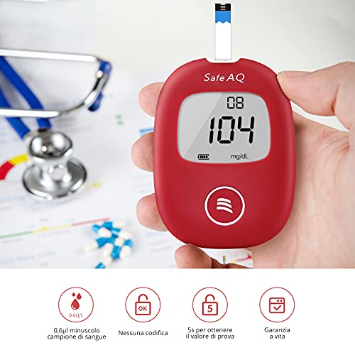 Sinocare Medidor de Glucosa en Sangre, Kit de Prueba de Glucosa en Sangre, 50 x Tiras de Prueba de Glucosa en Sangre y Dispositivo de Punción - mg/dL (Safe AQ Smart)