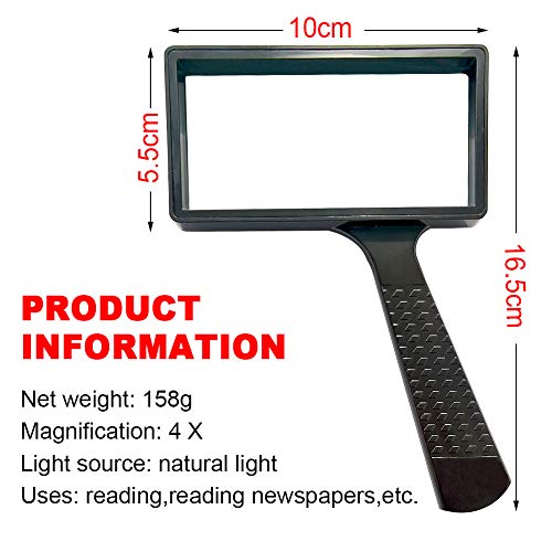 SJH Lupa De Mano Rectangular De Alta Definición, Aumento De 4 Veces, Lupa De Mano Liviana,Lente De Vidrio Resistente A Los Arañazos,Adecuada para Lectura,Pasatiempo,Observación De Personas Mayores