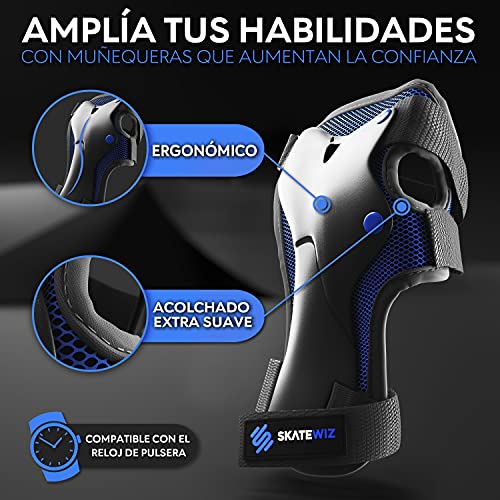 SKATEWIZ Rodilleras y Muñequeras de Patinaje - Coderas - Smash - Talla S en Azul y Negro - Muñequeras para Patinar - Protecciones para Patinaje