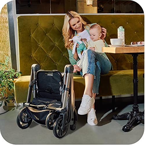 skiddoü silla de paseo ligera Mell ruedas grandes silla de viaje plegable silla infantil ruedas amortiguadoras respaldo ajustable impermeable mosquitera cubierta para la lluvia hasta 22 kg, Gris claro