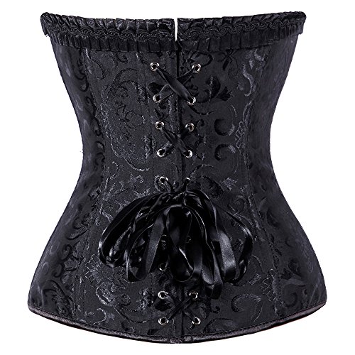 SLIMBELLE Sexy Corsé Mujer Vintage Bustier de Encaje con Cinta Ajustable Huesos de Acero Overbust de Seda + G-String