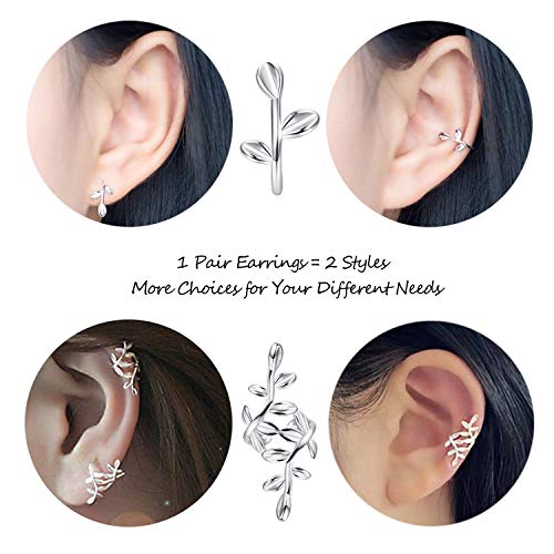 Sllaiss 2 Pares 925 Hoja de Plata Esterlina Ear Cuff para Mujeres Sin Piercing Cartilage Cuff Wrap Pendientes Hipoalergénico