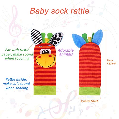 Sonajero Calcetines y Muñequeras para Bebé, Sonajero Toys con Buscador de Muñeca y Pie Juguetes de Animales Suaves y Bonitos para Recién Nacidos Niños Bebés (2 Pulseras y 2 Calcetines)